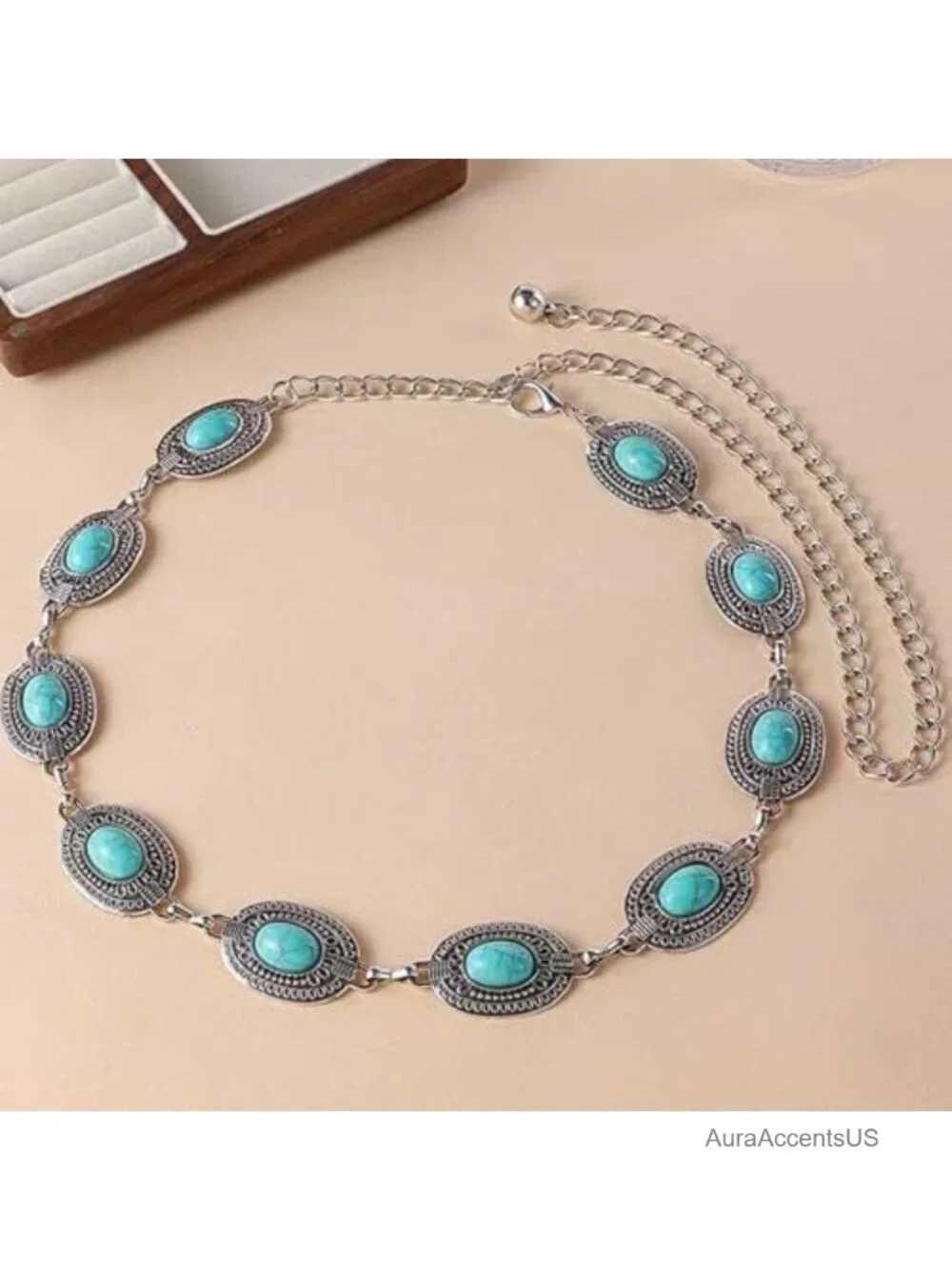 Turquoise Concho Chain Belt Western Cowgirl Waist Chain for Concert